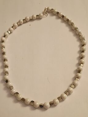 Pearl-Look White Beaded Necklace with Silver Accents